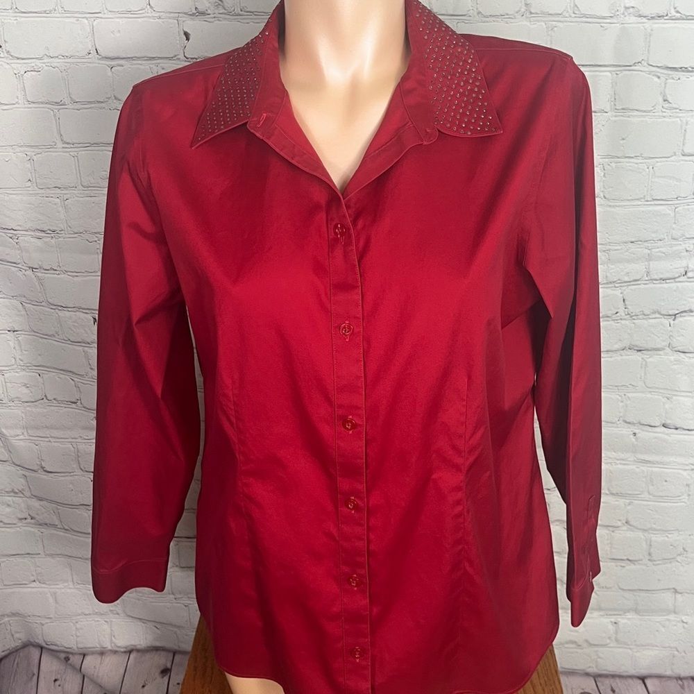 Chico’s Rhinestone Collar Button Down Blouse Size 2 Large Long Sleeves Holiday